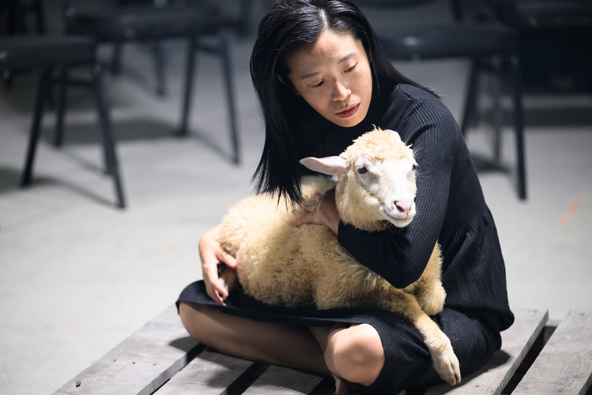 <블러: 경계가 흐려질 때>의 한 장면. 회색 바닥의 나무 팔레트 위에 검은 옷을 입은 사람이 다리를 접고 앉아 양 한 마리를 품에 안고 있다. 사람은 고개를 숙여 양을 바라보고, 양은 정면을 향하고 있다. 뒤쪽에는 검은 의자들이 흐릿하게 보인다.